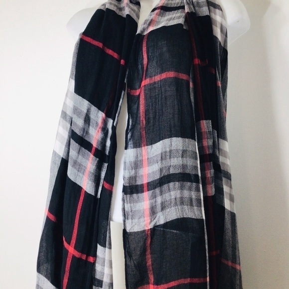 Black red white plaid scarf fringe - Picture 1 of 5